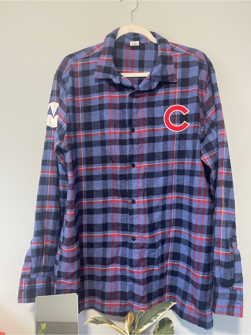 Men's Blue Plaid Casual Button-Down Shirt with Red Trim